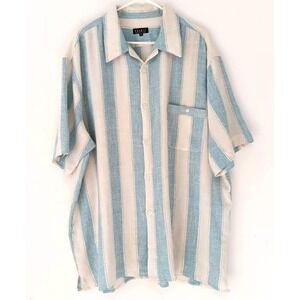 Pronti 3XL Button Up Shirt Blue White Vertical‎ Stripe Camp Collar Casual Retro